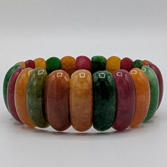 Multicolor Oval Natural Gemstone Stretch Bracelet Red Green Yellow Orange - Picture 2 of 16